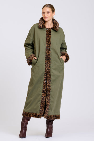 Shirty Leopard Reverso Long Faux Fur Reversable Coat - Leopard & Khaki