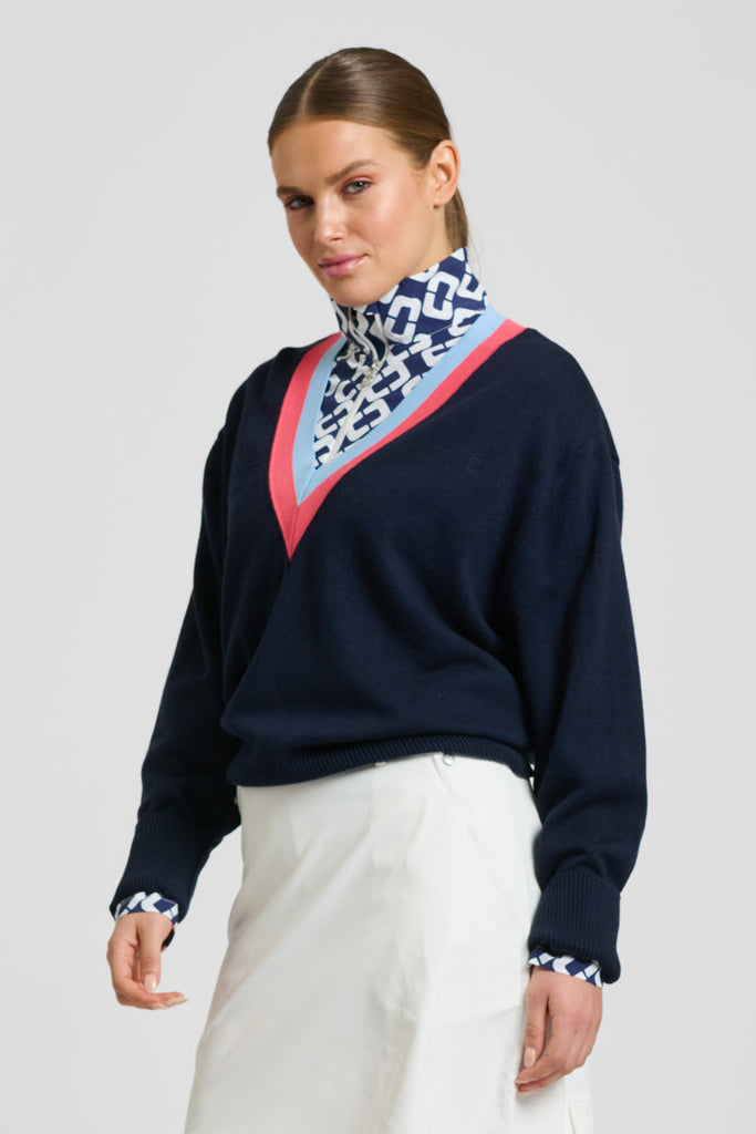 Shirty Links Sweater - French Navy/Coral/baby Blue