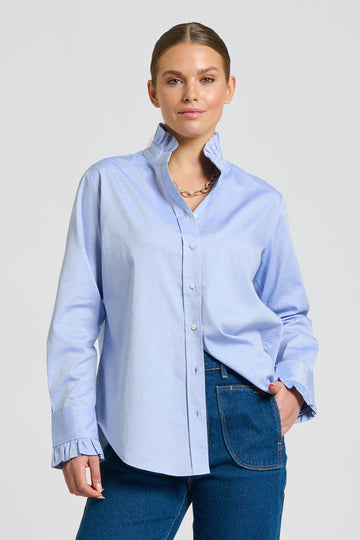 Shirty The Olivia Classic Cut Shirt Flannel Frill - Blue Oxford