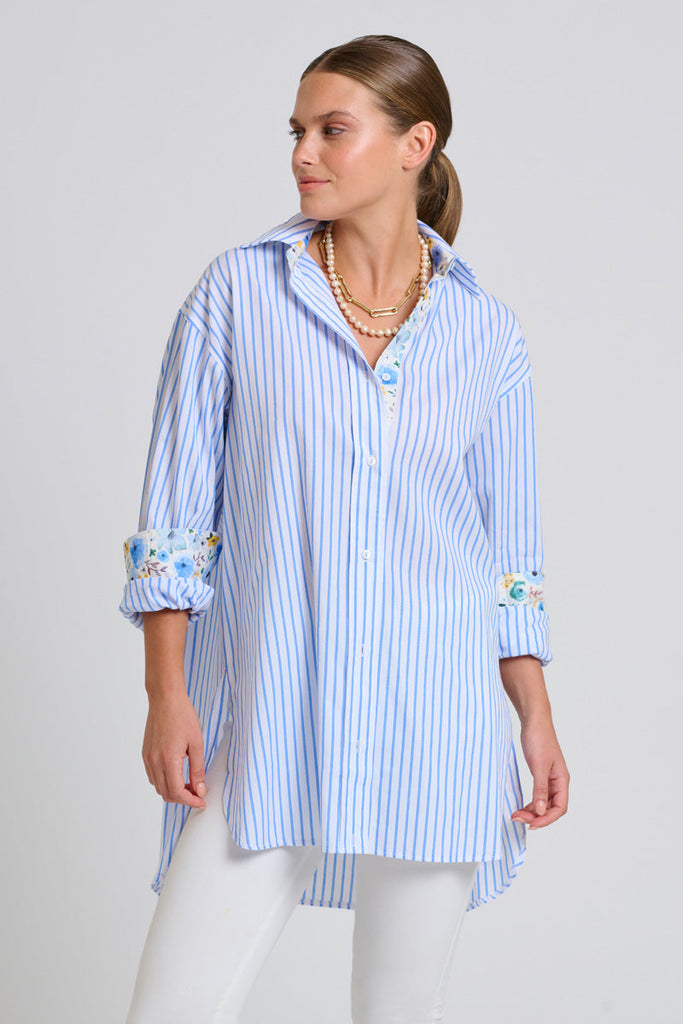 Shirty The Boyfriend Shirt - White with Blue Stripe Floral Trim