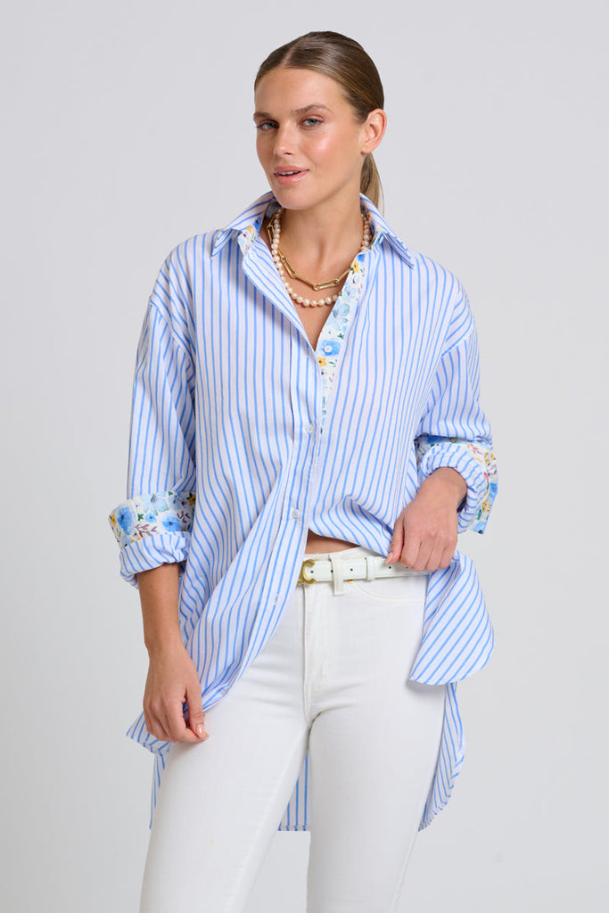 Shirty The Boyfriend Shirt - White with Blue Stripe Floral Trim