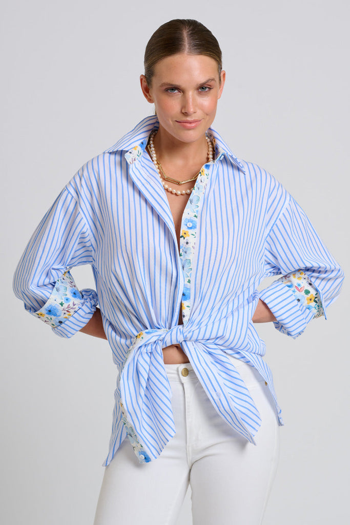 Shirty The Boyfriend Shirt - White with Blue Stripe Floral Trim