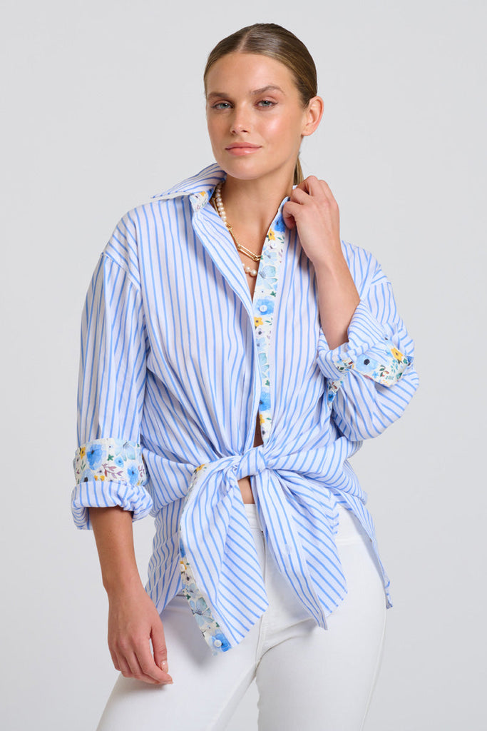 Shirty The Boyfriend Shirt - White with Blue Stripe Floral Trim