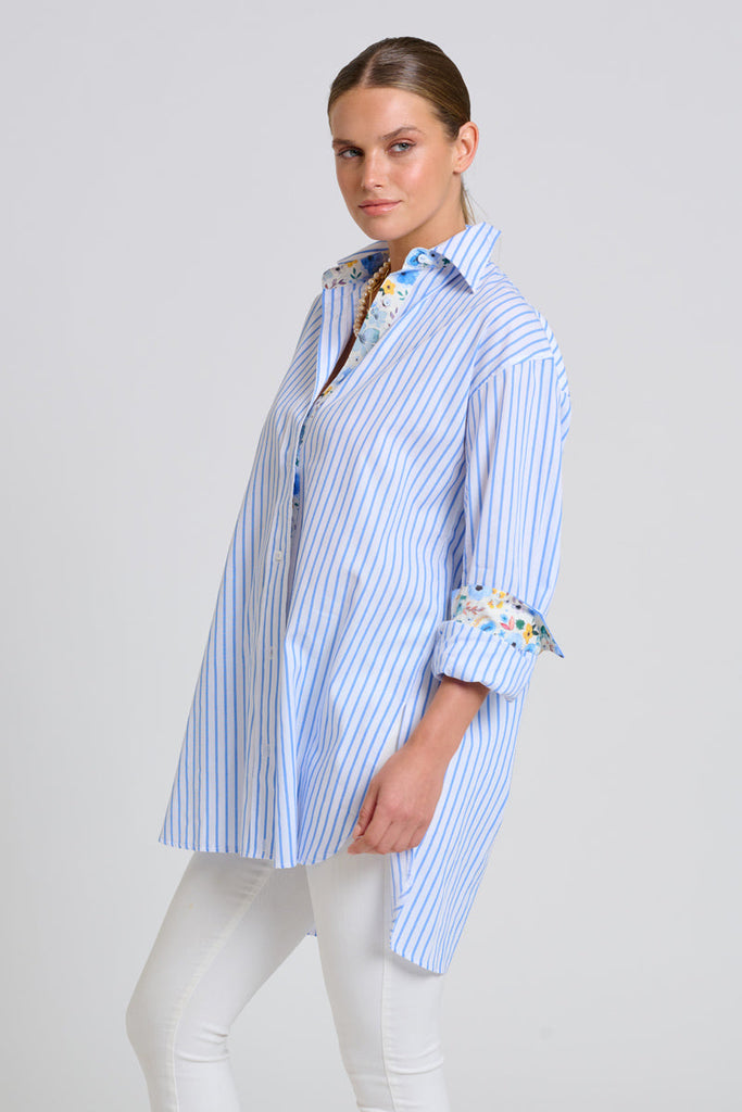 Shirty The Boyfriend Shirt - White with Blue Stripe Floral Trim