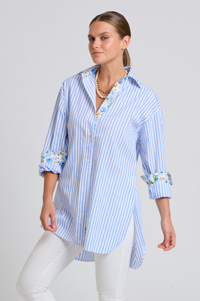 Shirty The Boyfriend Shirt - White with Blue Stripe Floral Trim