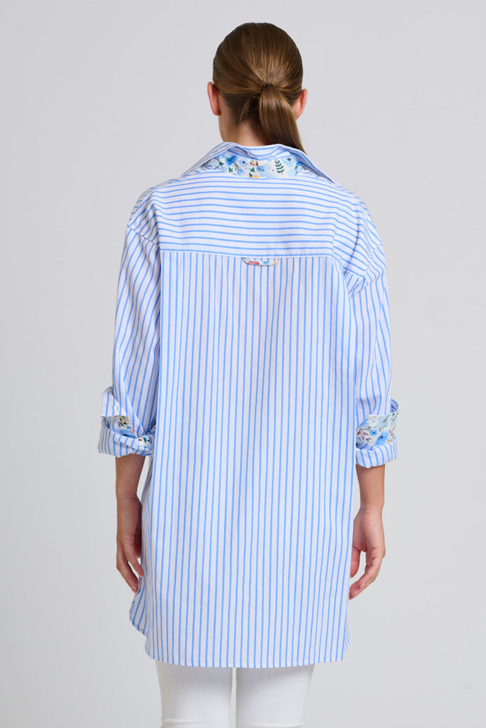 Shirty The Boyfriend Shirt - White with Blue Stripe Floral Trim
