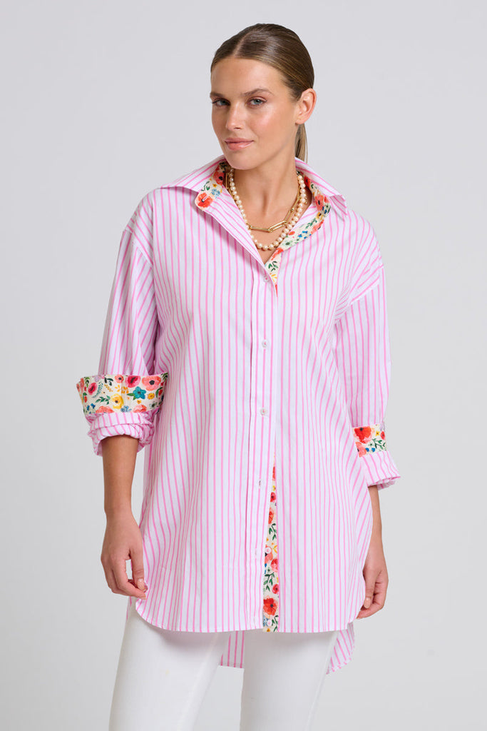 Shirty The Boyfriend Shirt - White with Pink Stripe Floral Trim