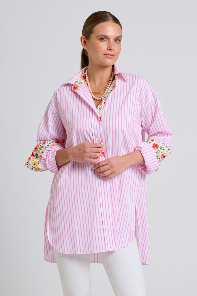 Shirty The Boyfriend Shirt - White with Pink Stripe Floral Trim