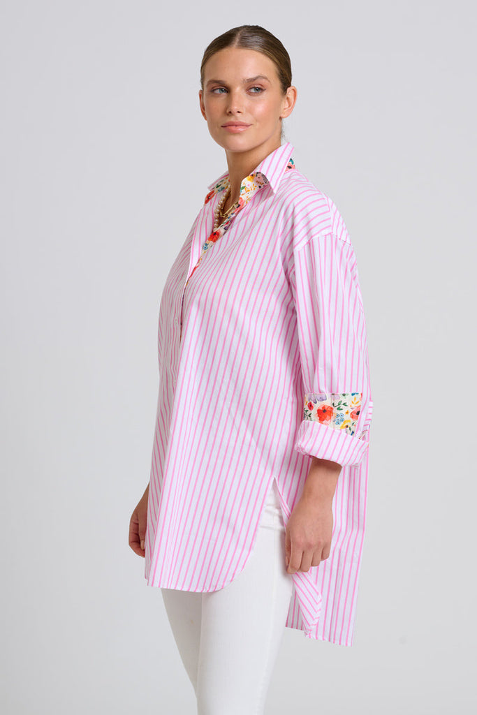 Shirty The Boyfriend Shirt - White with Pink Stripe Floral Trim