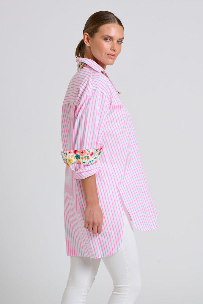 Shirty The Boyfriend Shirt - White with Pink Stripe Floral Trim