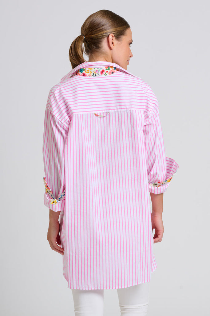Shirty The Boyfriend Shirt - White with Pink Stripe Floral Trim