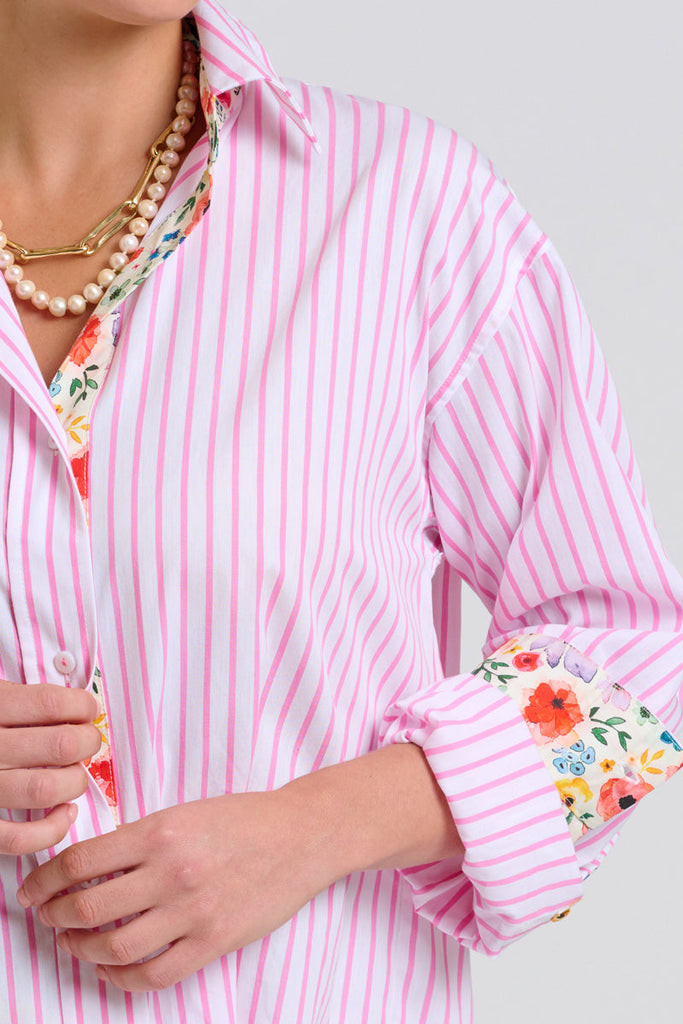 Shirty The Boyfriend Shirt - White with Pink Stripe Floral Trim
