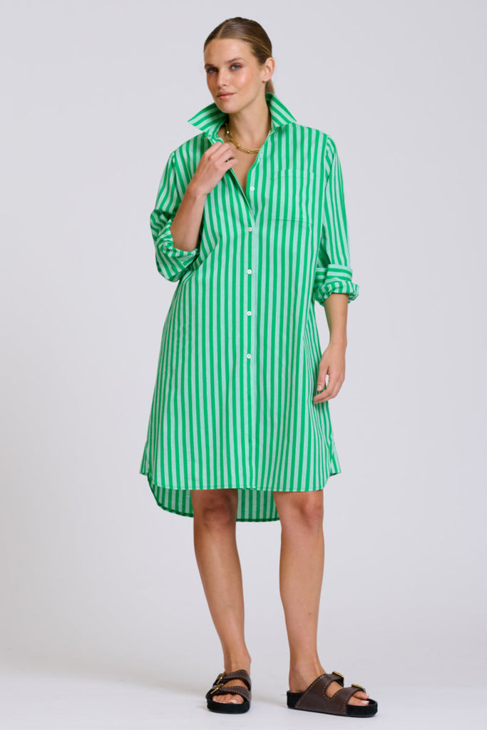 Shirty The Classic Cotton Shirt Dress - Double Green Stripe