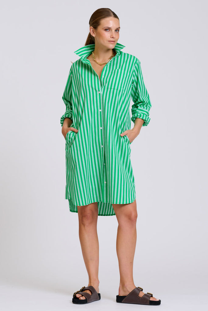 Shirty The Classic Cotton Shirt Dress - Double Green Stripe