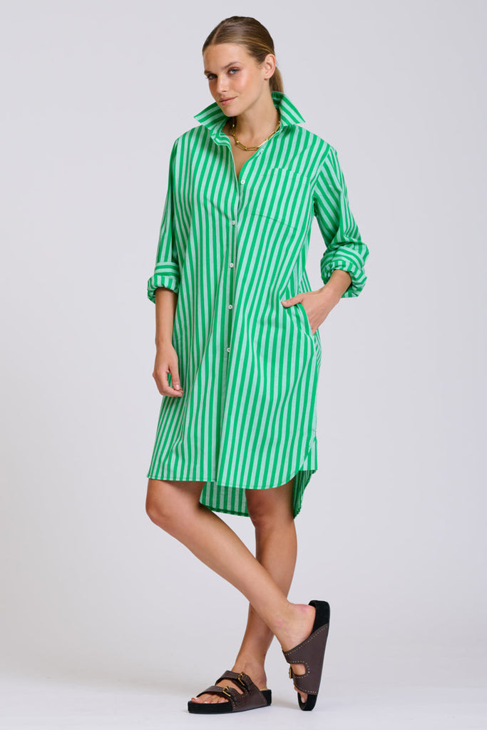Shirty The Classic Cotton Shirt Dress - Double Green Stripe
