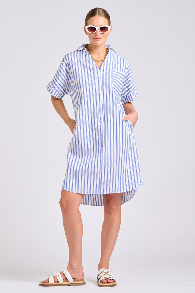 Shirty The Ella Shirt Dress - White with Navy Ticking