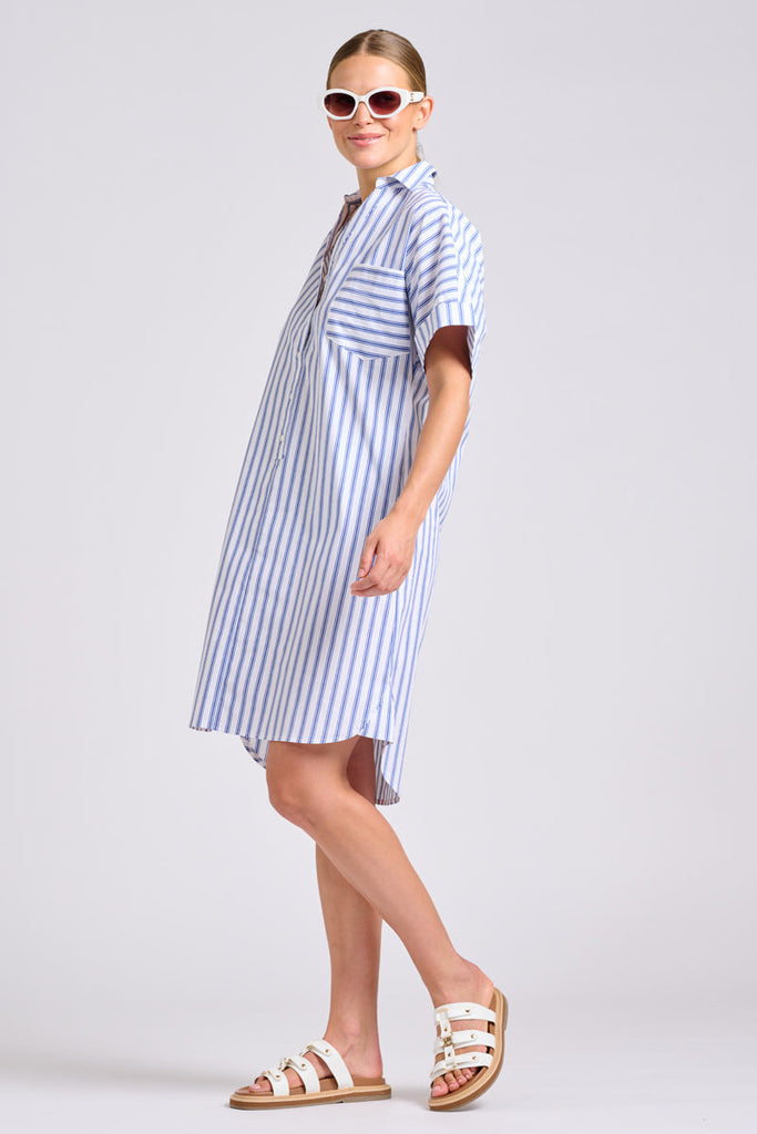 Shirty The Ella Shirt Dress - White with Navy Ticking