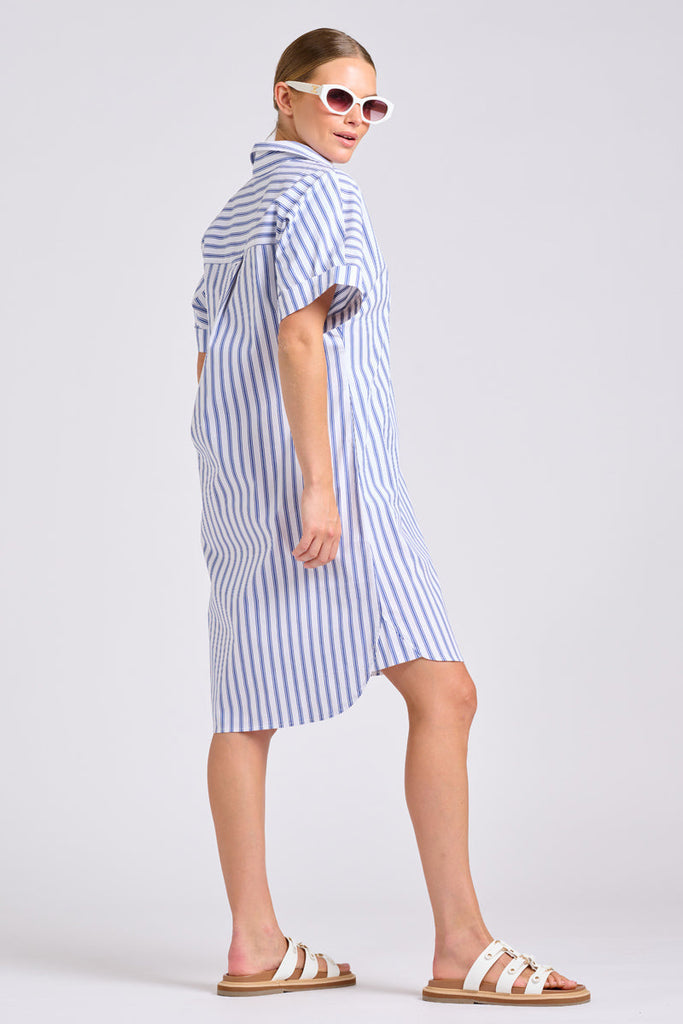 Shirty The Ella Shirt Dress - White with Navy Ticking
