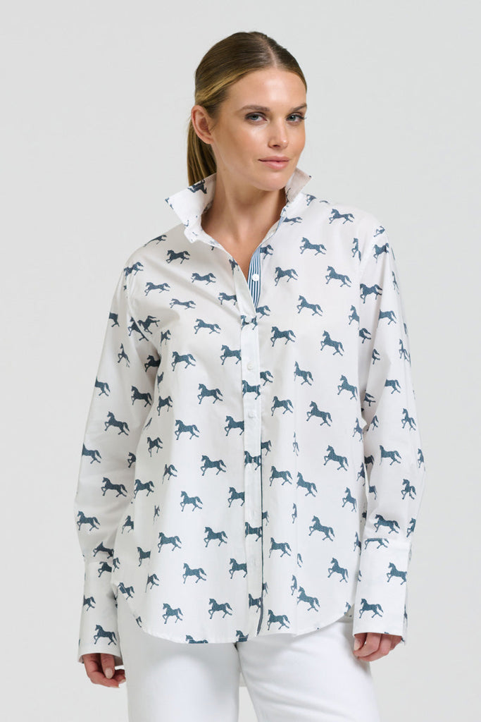 Shirty The Elodie Girlfriend Relaxed Shirt - White with Navy Pony Prance
