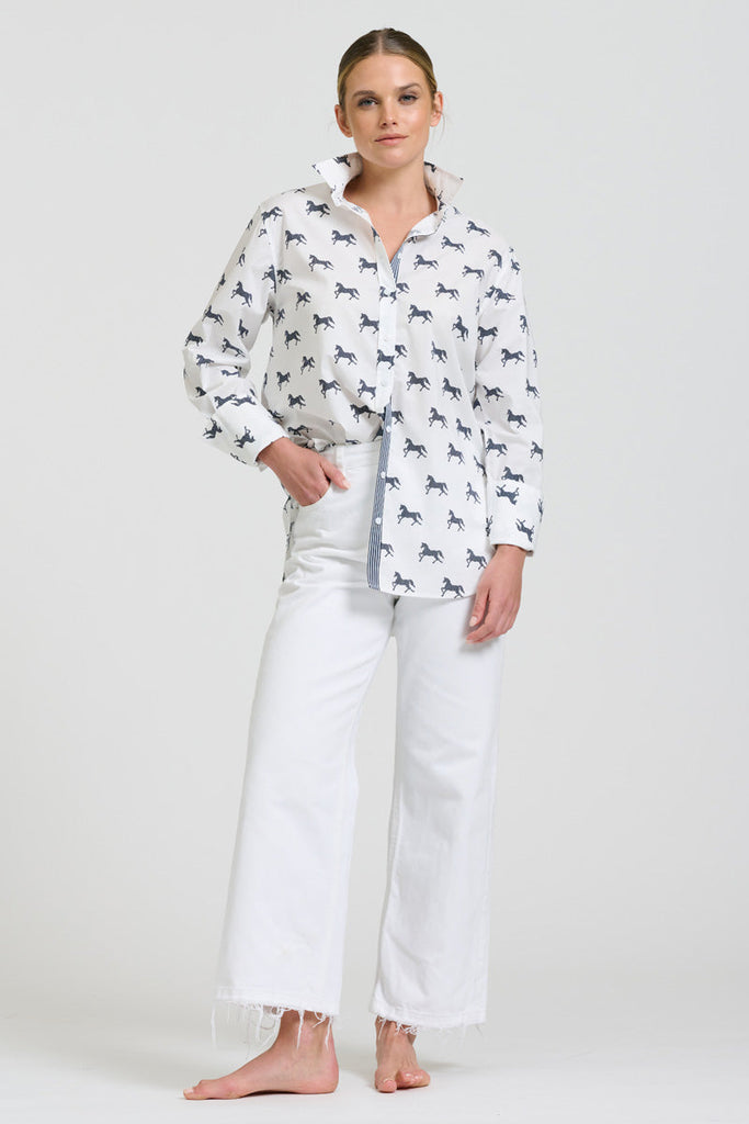 Shirty The Elodie Girlfriend Relaxed Shirt - White with Navy Pony Prance