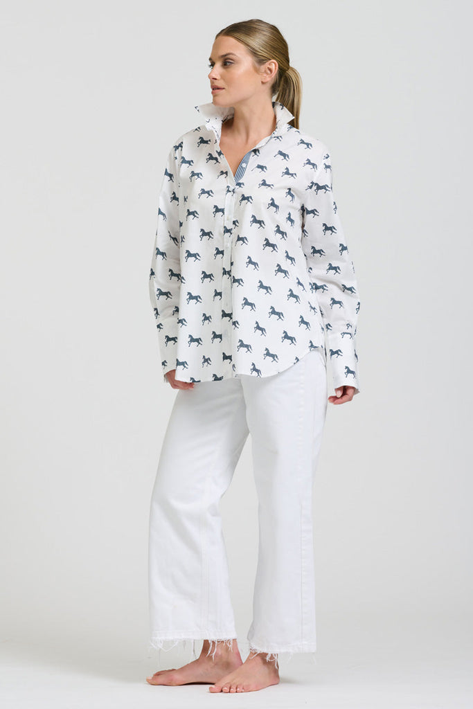 Shirty The Elodie Girlfriend Relaxed Shirt - White with Navy Pony Prance