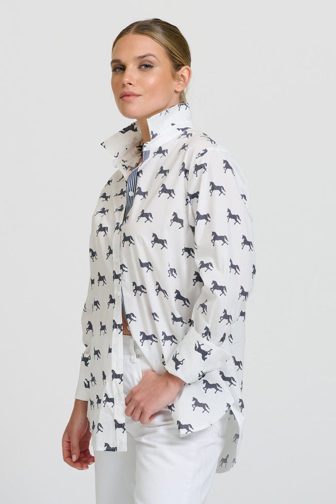 Shirty The Elodie Girlfriend Relaxed Shirt - White with Navy Pony Prance