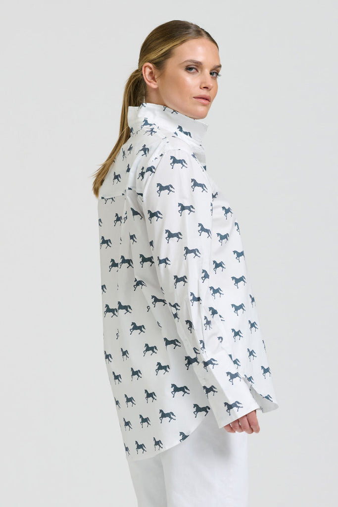 Shirty The Elodie Girlfriend Relaxed Shirt - White with Navy Pony Prance