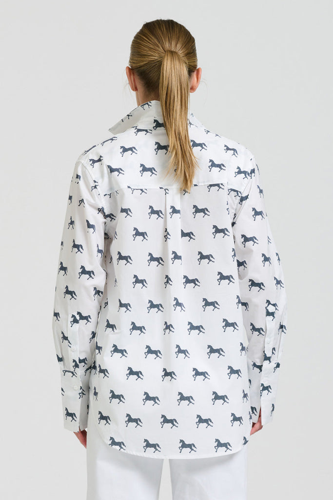 Shirty The Elodie Girlfriend Relaxed Shirt - White with Navy Pony Prance