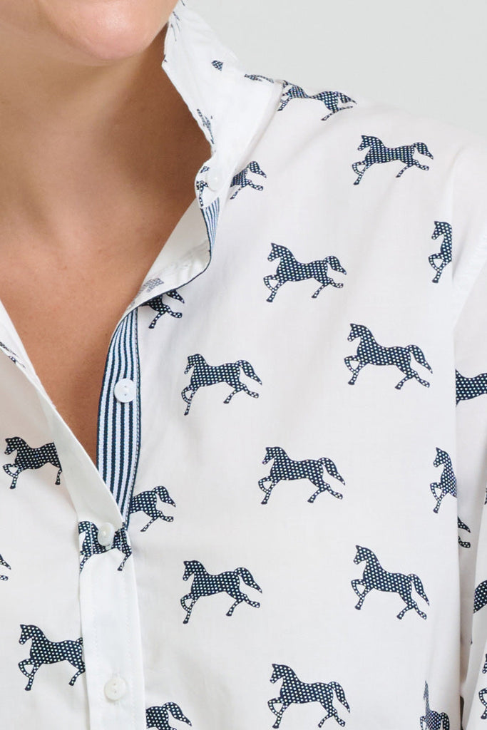 Shirty The Elodie Girlfriend Relaxed Shirt - White with Navy Pony Prance