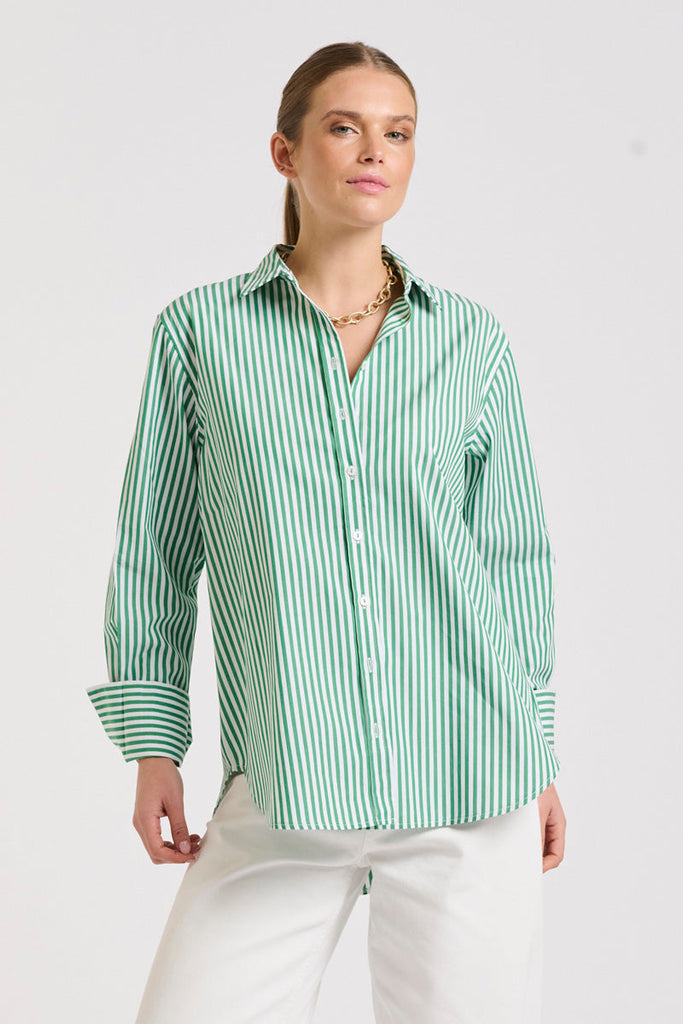 The Elodie Girlfriend Shirt - Green Stripe