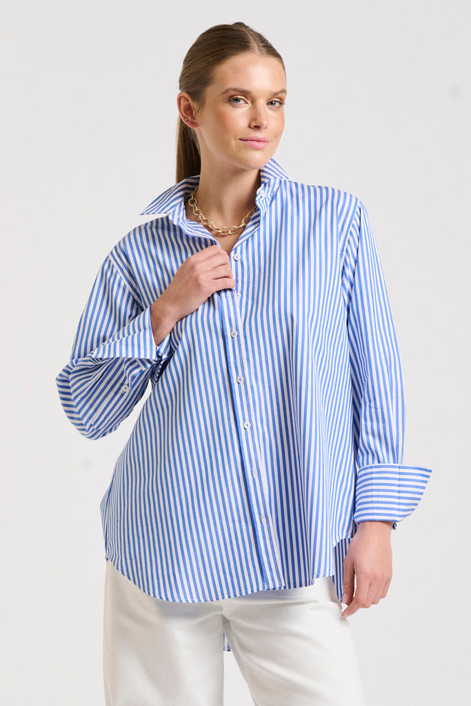 The Elodie Girlfriend Shirt - Mid Blue Stripe