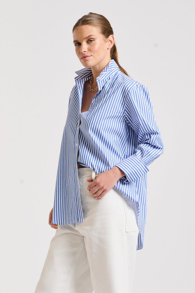 The Elodie Girlfriend Shirt - Mid Blue Stripe