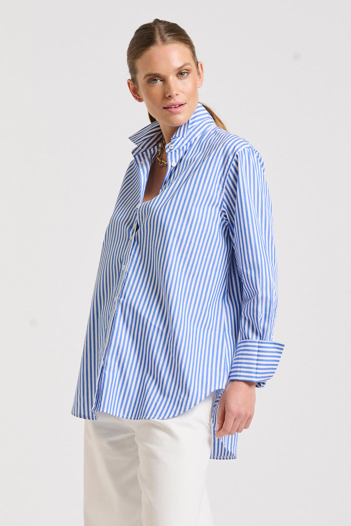 The Elodie Girlfriend Shirt - Mid Blue Stripe