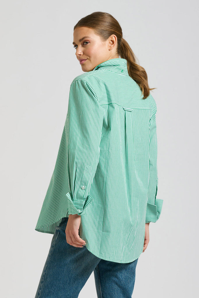 The Elodie Trim Girlfriend Shirt - Green Stripe