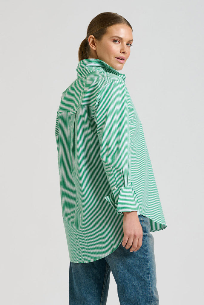 The Elodie Trim Girlfriend Shirt - Green Stripe