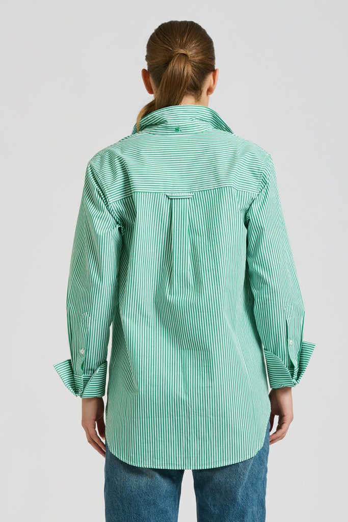 The Elodie Trim Girlfriend Shirt - Green Stripe