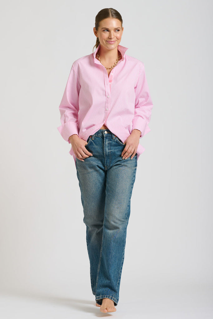 Shirty The Elodie Trim Girlfriend Shirt - Pink Stripe