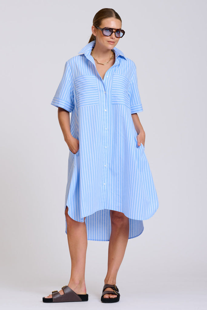 Shirty The Evie Short Sleeve Shirtdress - Double Light Blue Stripe