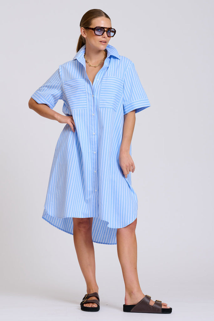 Shirty The Evie Short Sleeve Shirtdress - Double Light Blue Stripe