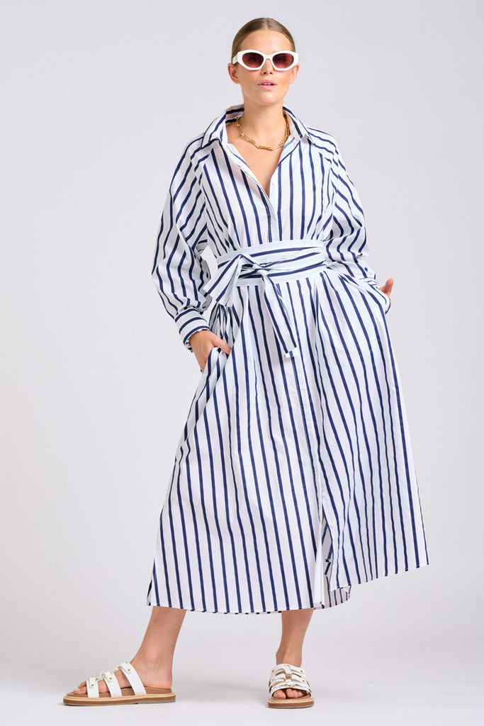 Shirty The Gigi Dress - White with Navy Stripe