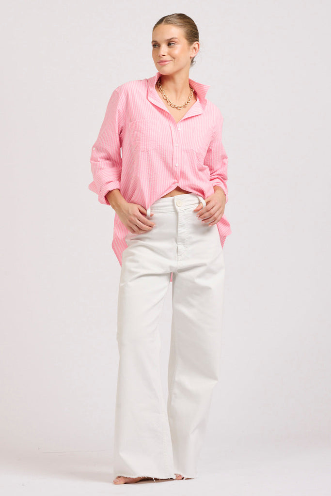 The Girlfriend Relaxed  Linen Shirt - Bright Pink Stripe