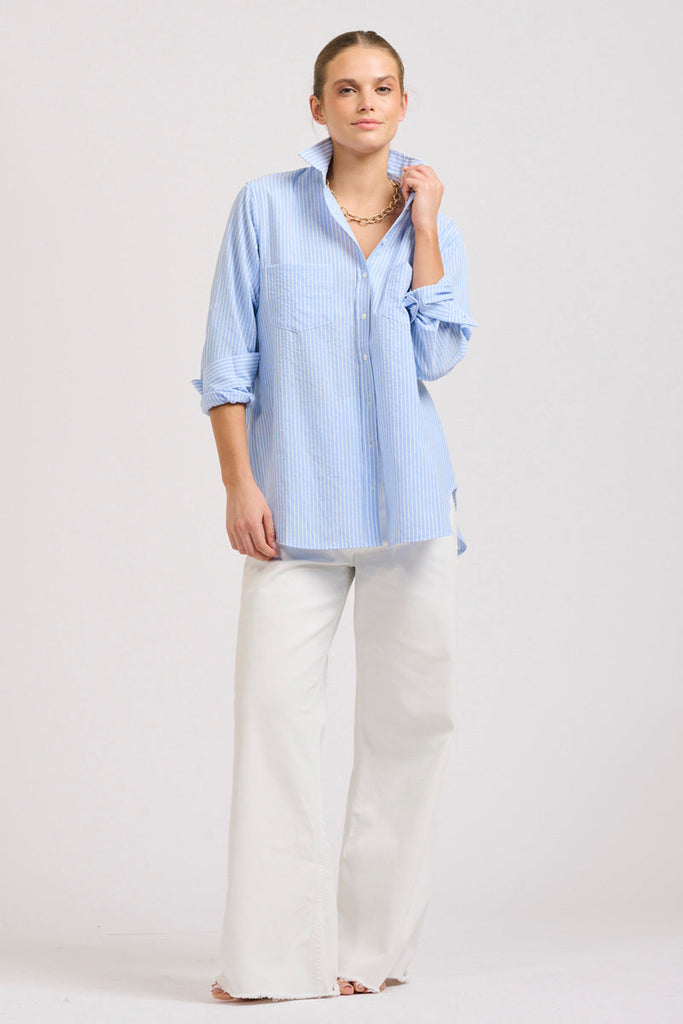 The Girlfriend Relaxed  Linen Shirt - Mid Blue Stripe
