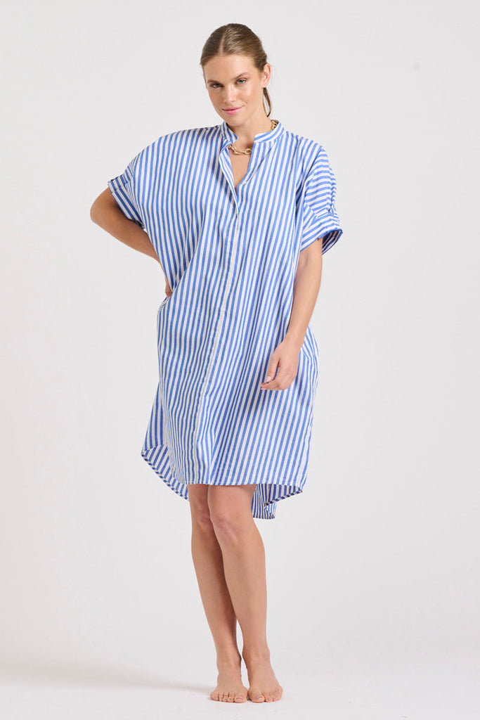 The Isla Short Sleeve Dress - Mid Blue Stripe