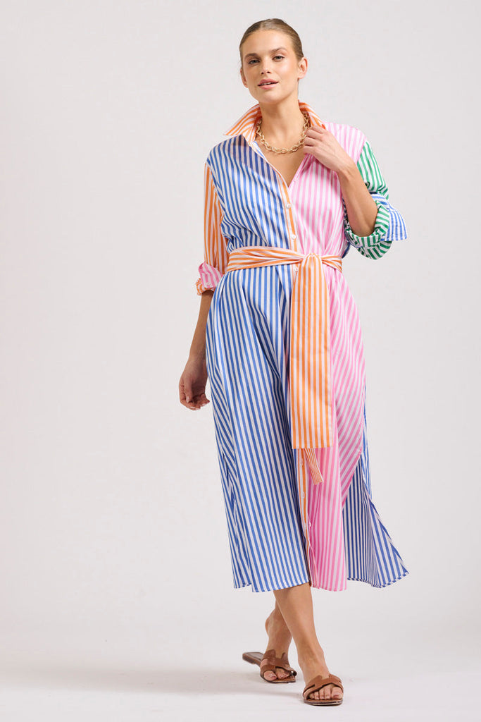 The Luna Oversized Linen Long Shirtdress - Bright Stripe Combo