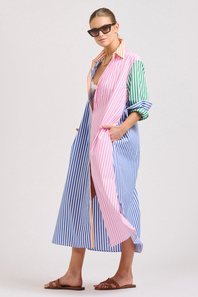 The Luna Oversized Linen Long Shirtdress - Bright Stripe Combo
