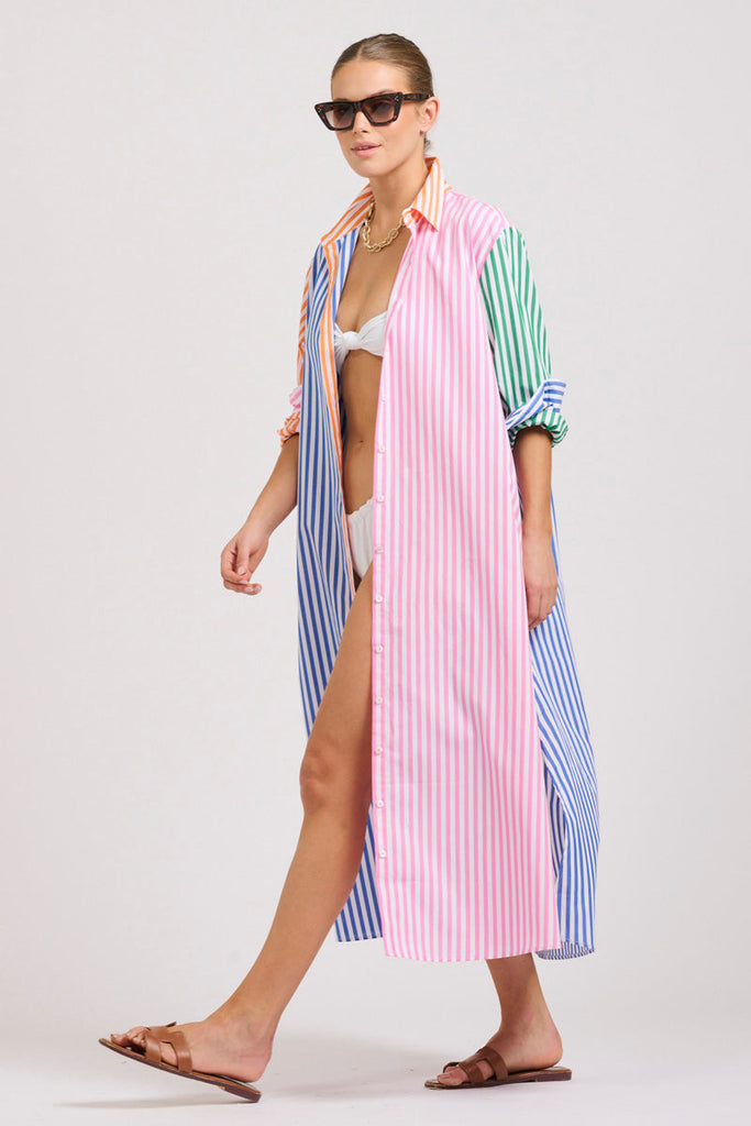 The Luna Oversized Linen Long Shirtdress - Bright Stripe Combo