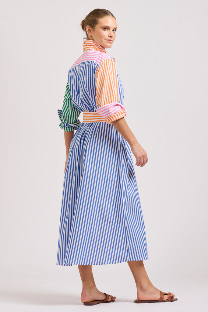 The Luna Oversized Linen Long Shirtdress - Bright Stripe Combo