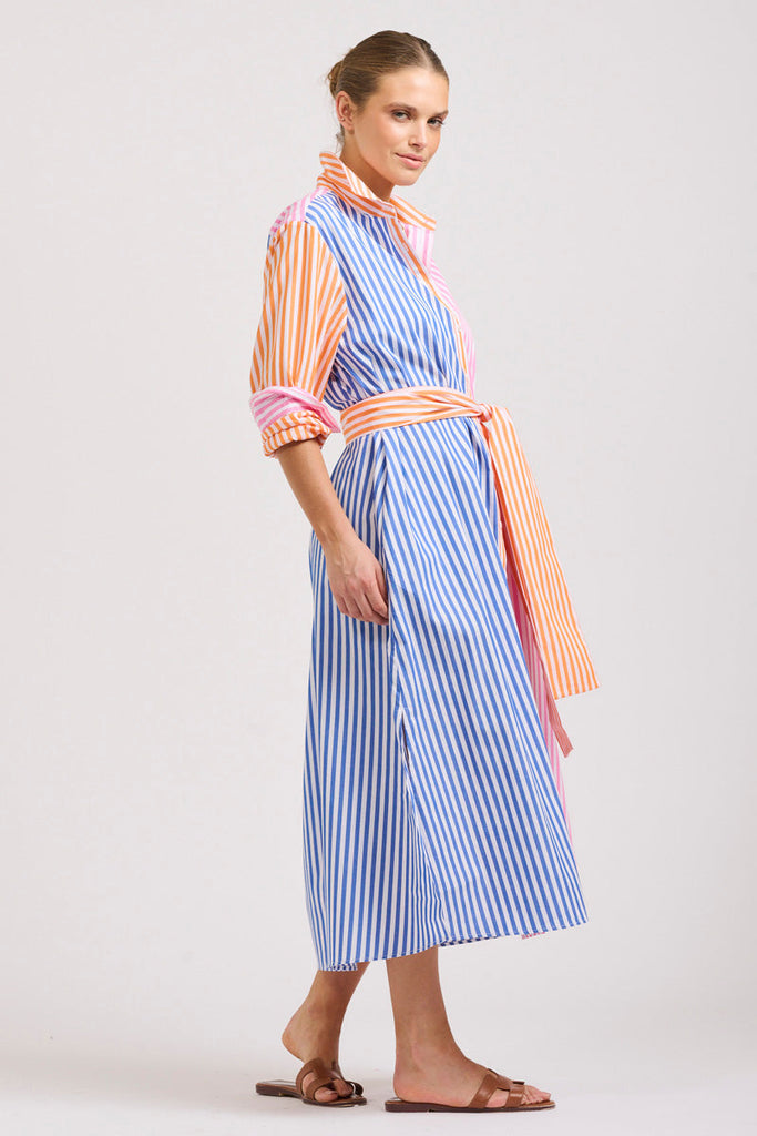 The Luna Oversized Linen Long Shirtdress - Bright Stripe Combo