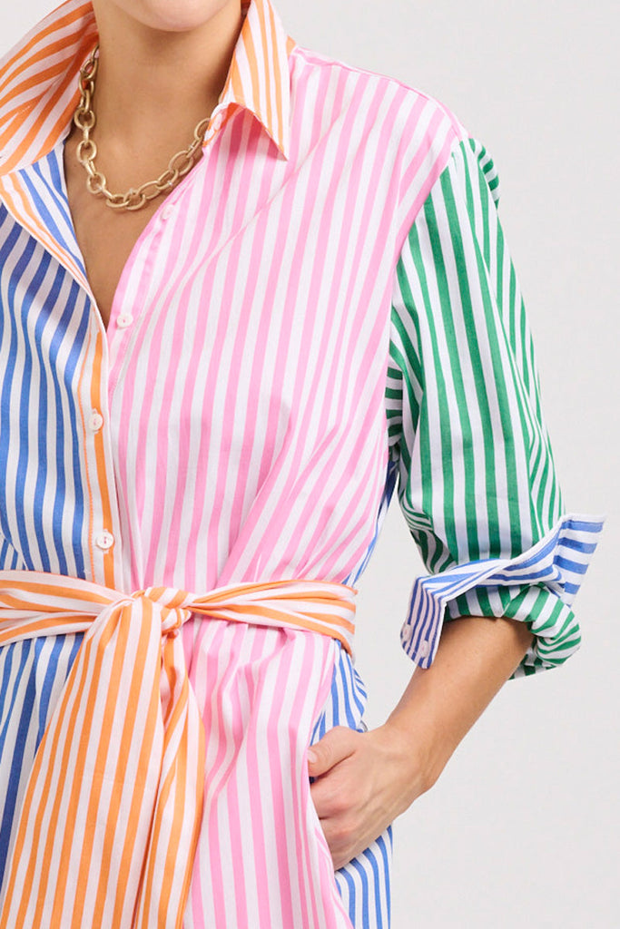 The Luna Oversized Linen Long Shirtdress - Bright Stripe Combo