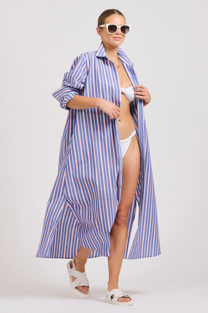 The Luna Oversized Linen Long Shirtdress - Chambray Pink Stripe